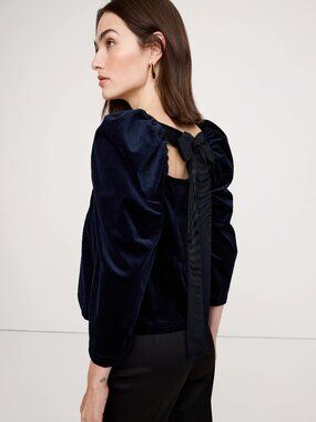 NWT! Banana Republic Midnight Blue Velvet Puff-Sleeve Bow-Back Dress Top XS